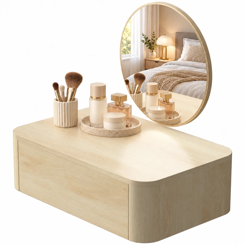 HOMCOM Coiffeuse Murale Moderne avec Miroir Rond et Tiroir Dissimulé, pour Chambre, Petit Espace, 60 x 38 x 18 cm, Chêne
