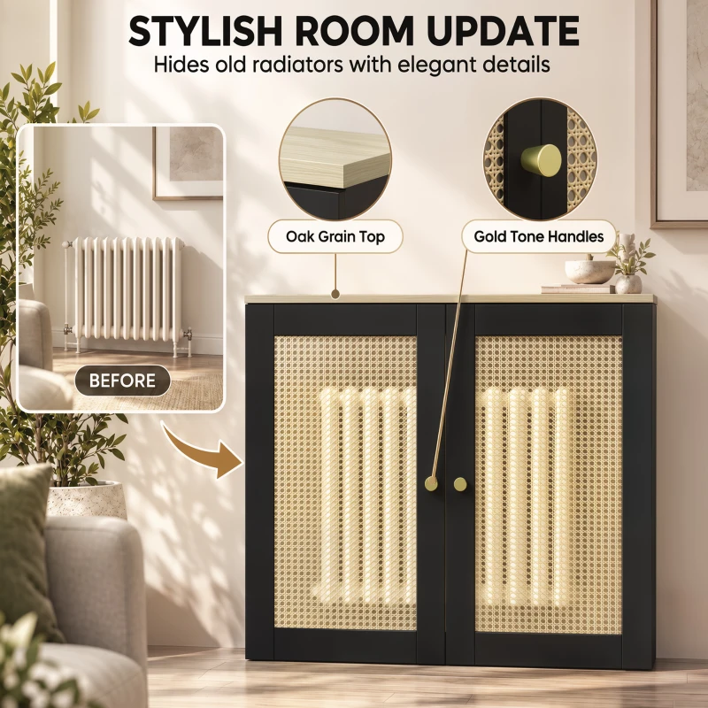 HOMCOM Cache-Radiateur en Bois, 2 Portes en Resine Tressée, Charnières Réglables, Étagère Supérieure, 78 x 19 x 75 cm, Noir