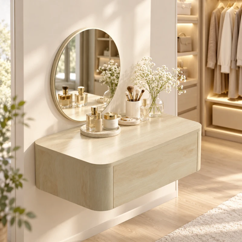HOMCOM Coiffeuse Murale Moderne avec Miroir Rond et Tiroir Dissimulé, pour Chambre, Petit Espace, 60 x 38 x 18 cm, Chêne