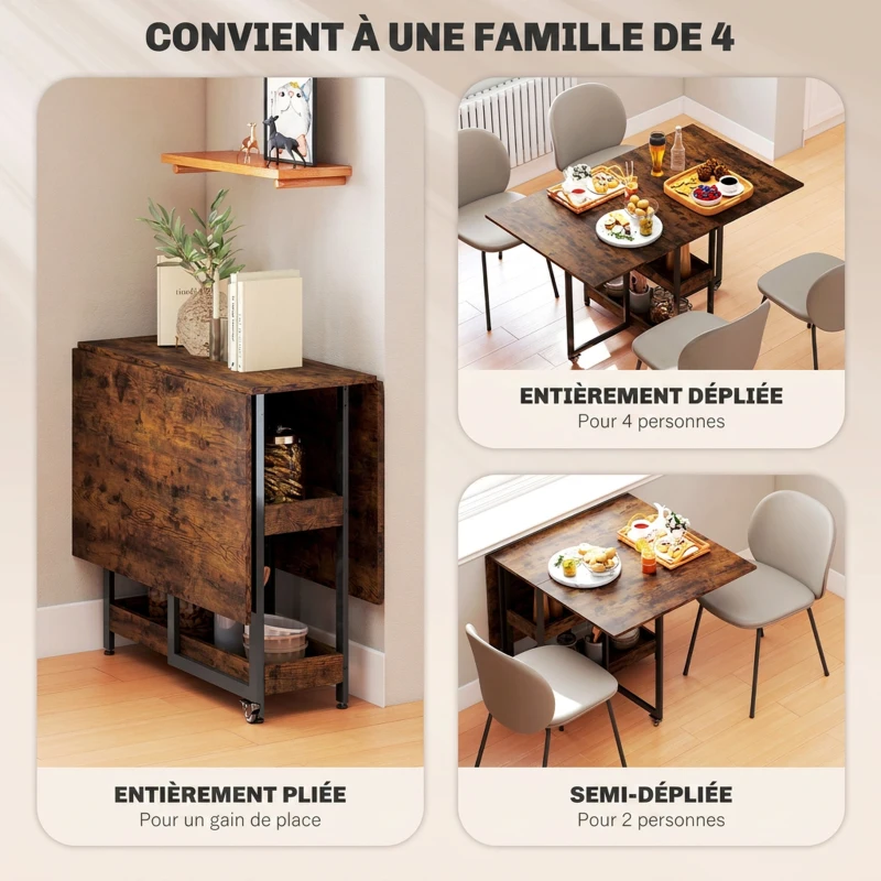 HOMCOM Table à manger pliante sur roulettes 4 personnes avec compartiments ouverts, pour petits espaces, salle à manger, marron