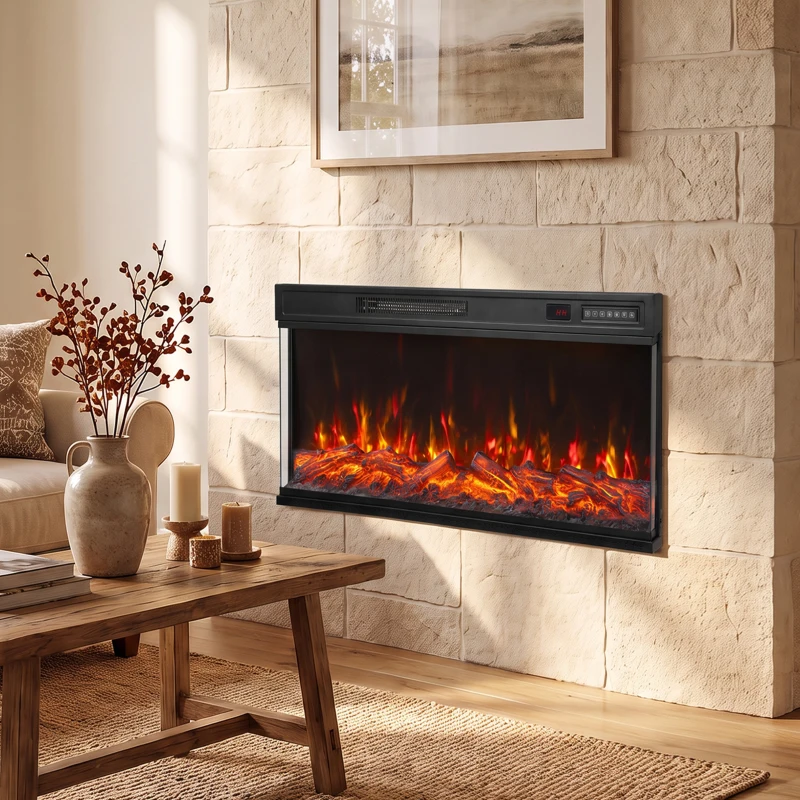 HOMCOM 40" Electric Fireplace Insert, 3-Sided Freestanding/Wall Recessed Electric Fire Heater with Adjustable Flame, 1800W