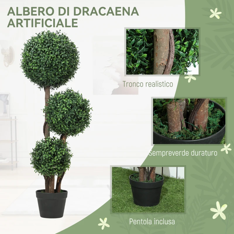 HOMCOM Pianta di Bosso Artificiale a 3 Sfere con Vaso Incluso, Altezza 100 cm, Anti UV, per Interno ed Esterno, Verde