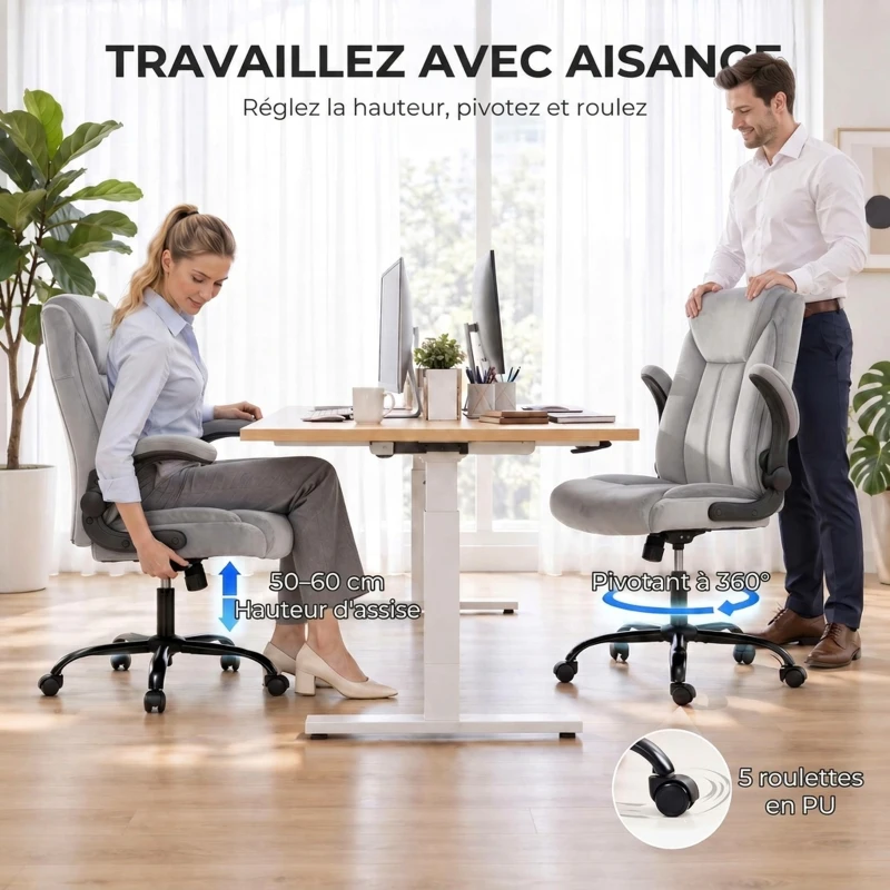 HOMCOM Chaise Bureau Ergonomique en Tissu Flanelle, Hauteur Réglable, Bascule, Accoudoirs Relevables, 66x77x122cm, Gris Clair