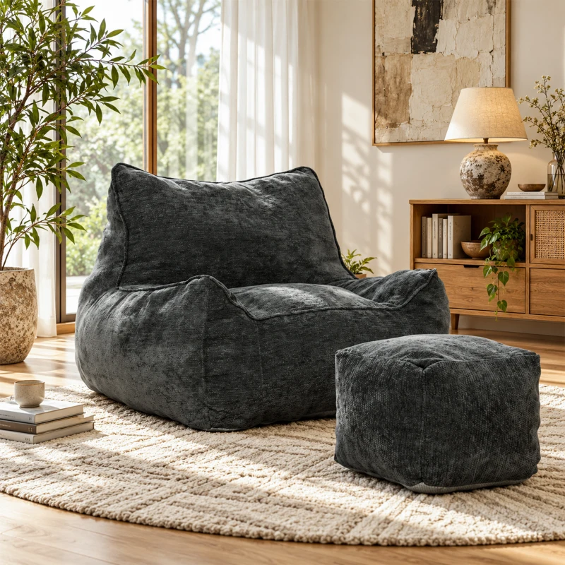 HOMCOM Bodensessel mit Ottoman, rahmenloser Cloud-Sessel aus Chenille, mit Rückenlehne und Armlehnen
