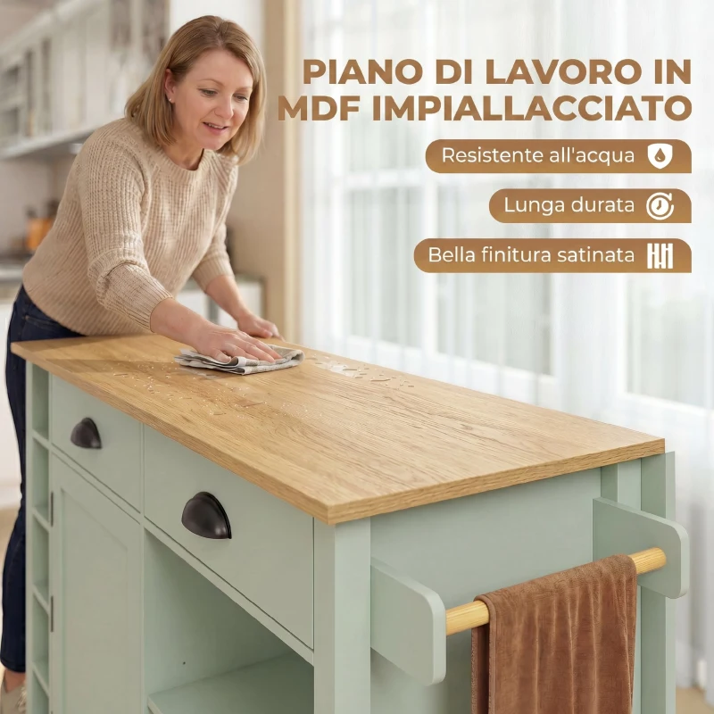 HOMCOM Isola Cucina con Piano Ribaltabile, Carrello Cucina con 5 Ruote, Portaspezie, Ripiani Regolabili, 2 Cassetti, Scomparti Aperti e Portasciugamani, Multiuso per Sala da Pranzo, Verde Chiaro