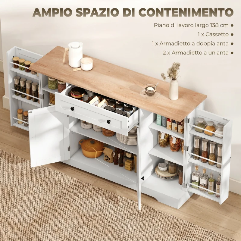 HOMCOM Credenza Cucina Buffet Moderna con Cassetto e 4 Ante, Mobile Cucina con Ripiani Regolabili, 6 Portaspezie, 138x40x83.5 cm, Bianco