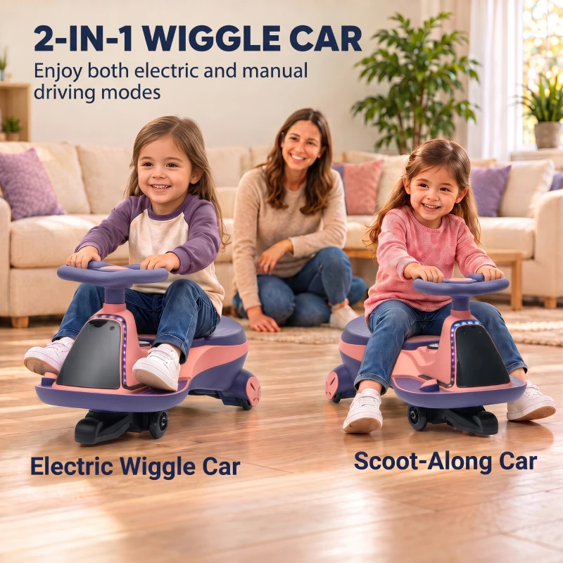 AIYAPLAY 12V Electric Wiggle Car, 2-In-1 Kids Ride On Toy with 2 Speeds, Soft Start, PU Wheels, RGB Lights, Up to 60 kg, Pink