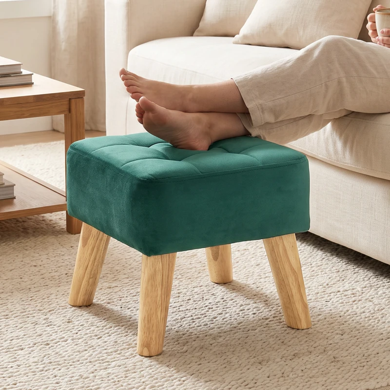 HOMCOM Fußhocker, Ottoman, gepolsterter Sitz mit Stoffbezug und Holzfüßen, 27 x 27 x 26 cm, Dunkelgrün