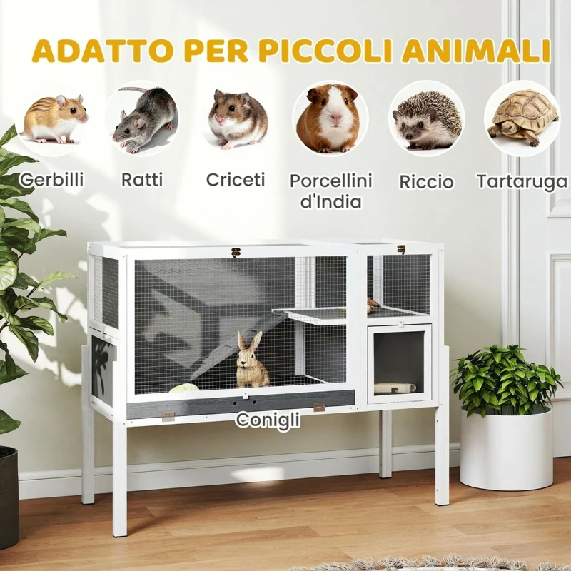 PawHut Gabbia per Conigli e Criceti da Interno Rialzata con Vassoio Estraibile e Tetto Apribile, Grigio