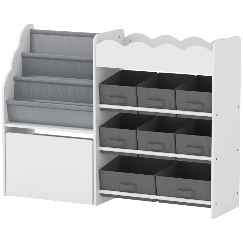 AIYAPLAY Estantería Infantil Juguetes con 8 Cestas de Tela Cajón con Ruedas Librería Estante Abierto 3-8 Años 109x30x80cm Blanco