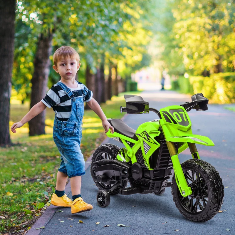 AIYAPLAY Elektro-Motorrad für Kinder, 6V Batterie-Antrieb, Stützräder, Hupe, Startgeräusch, 3-8 Jahre, Grün(m-2)