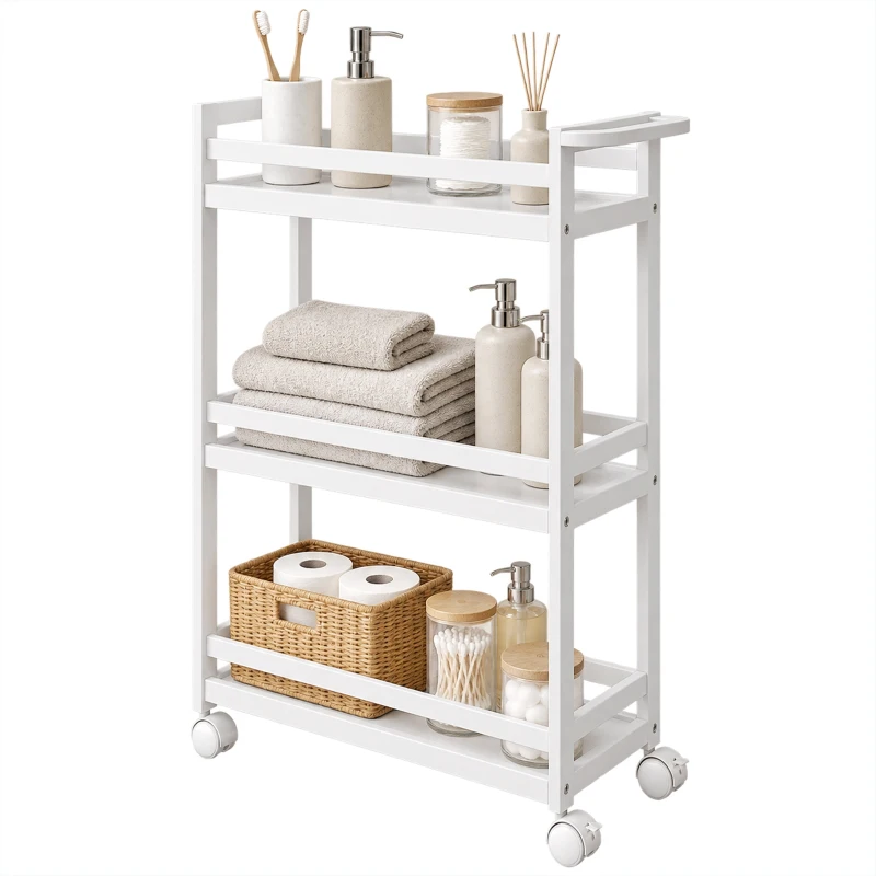 HOMCOM Estantería de Baño de Bambú de 3 Niveles Carrito Auxiliar de Almacenaje con Ruedas 55x20x75 cm Blanco