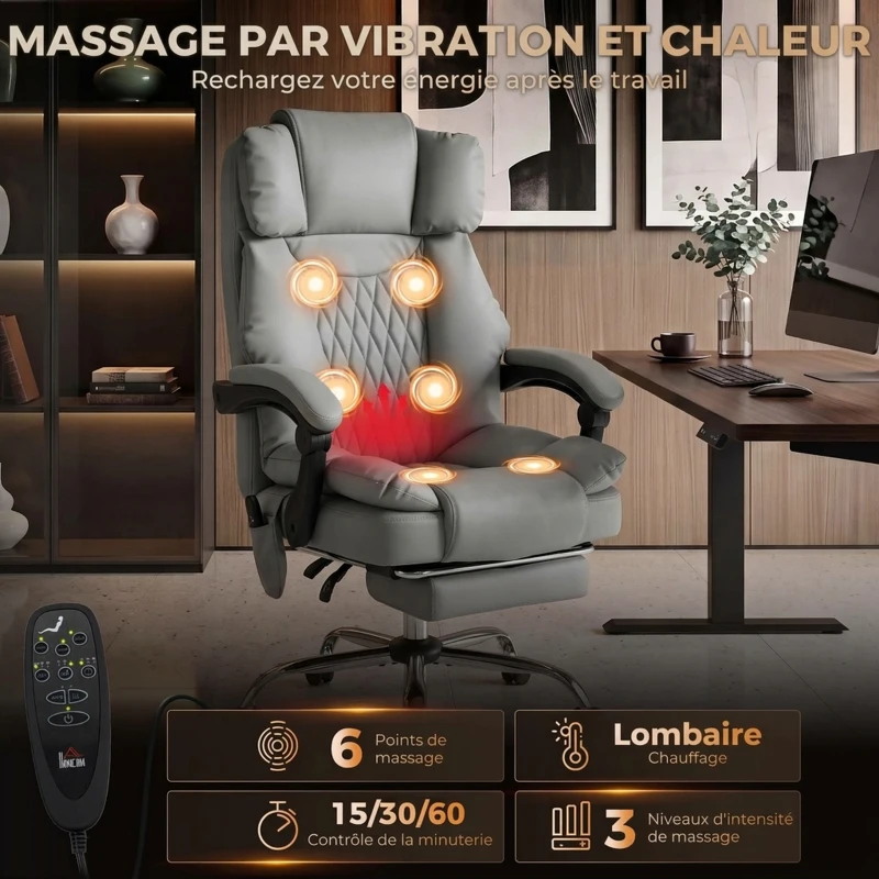 HOMCOM Fauteuil de Bureau Massant Vibrant et Chauffant, Chaise Bureau Ergonomique en PU, Dossier Inclinable, Appuie-Tête, Gris