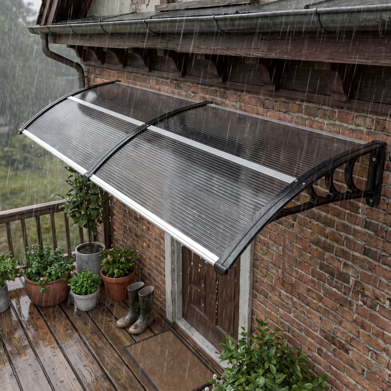 Outsunny Marquise para Portas e Janelas 196x75x23 cm Marquise de Proteção contra Sol e Chuva com Cobertura de Policarbonato Preto