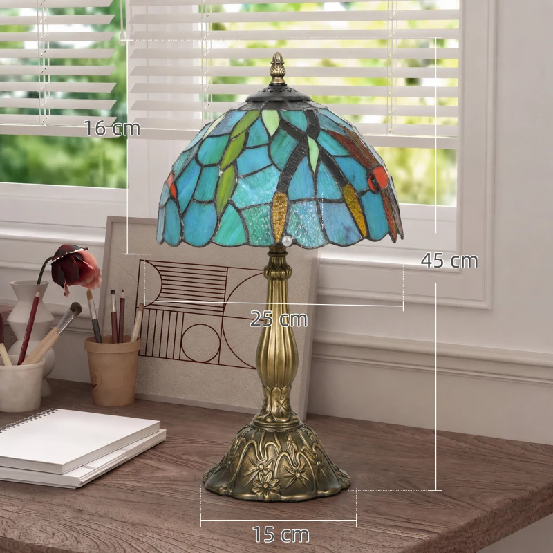 HOMCOM Tiffany Stained Glass Table Lamp, Handmade Antique Bedside Lamp for Bedroom, Living Room, Nightstand, Green