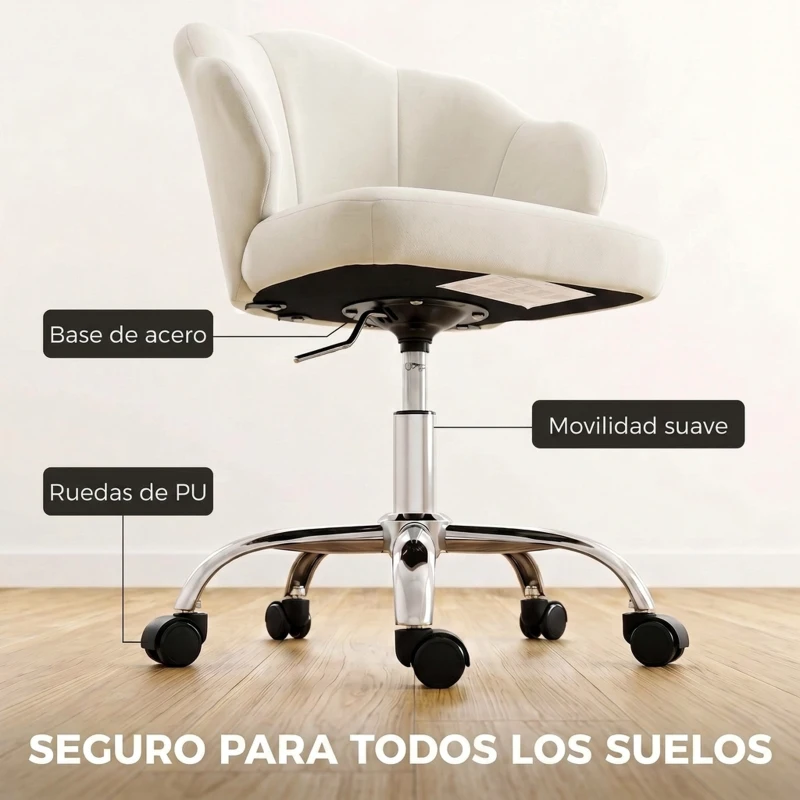 HOMCOM Silla de Oficina Forma de Pétalo con Ruedas de Terciopelo Función Basculante Asiento Ancho Altura Ajustable Crema