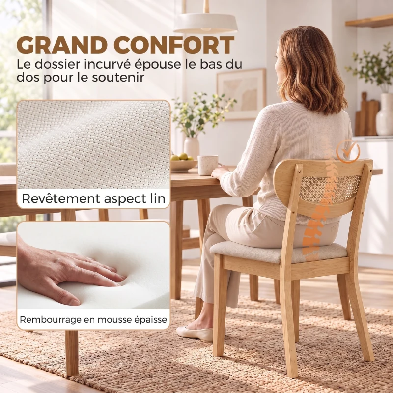 HOMCOM Lot de 2 Chaises de Salle à Manger, Chaises de Cuisine Rembourrées en Lin, Dossier à Effet Rotin et Pieds d'Hévéa, Beige