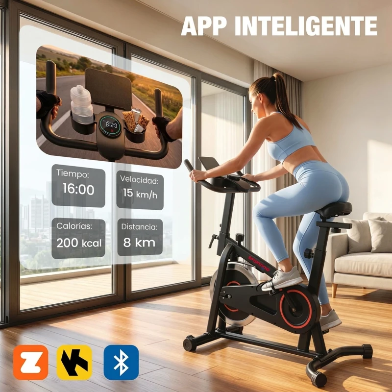 SPORTNOW Bicicleta Estática en Casa con APP Bluetooth Volante 6 kg Pantalla LCD Asiento y Manillar Ajustables Soporte Teléfono
