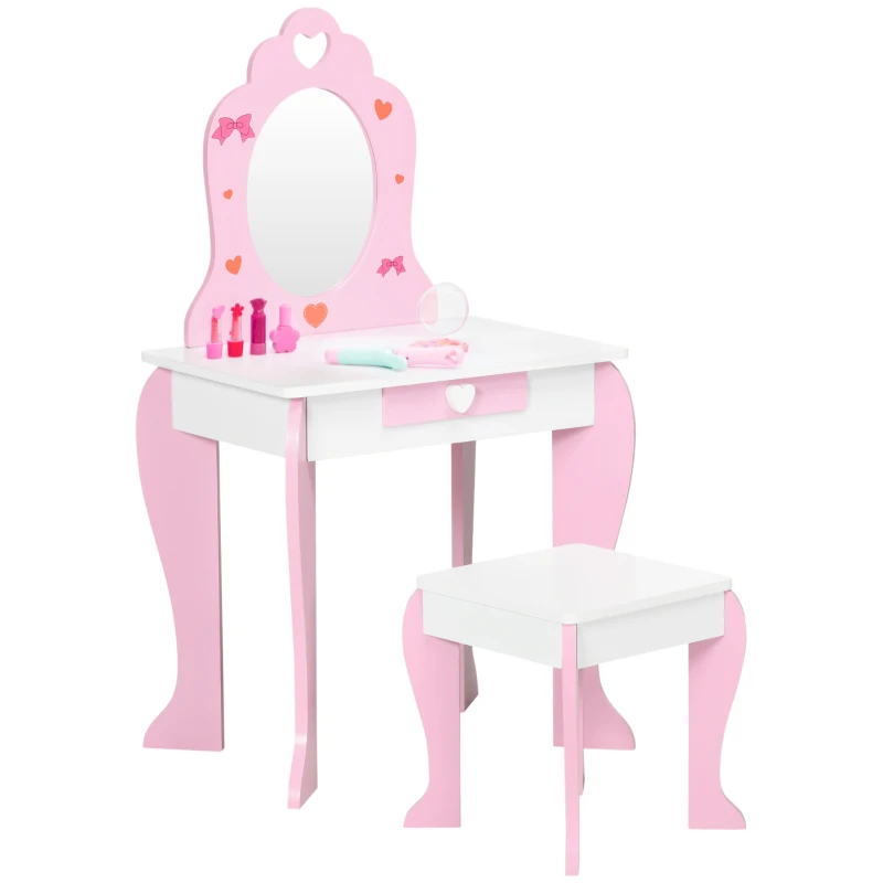ZONEKIZ Toucador Infantil de Madeira com Banco Espelho e Gaveta Mesa de Maquilhagem para Crianças entre 3-6 Anos 50x36,5x89,5cm Rosa