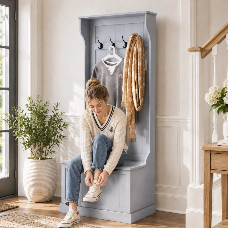 HOMCOM Mobile Appendiabiti 3 in 1 con 4 Ganci e Panca Contenitore, in Legno, 71.5x39.5x170 cm, Grigio