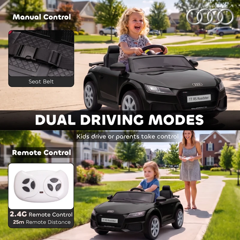 AIYAPLAY 12V Audi TT RS Licensed Electric Car, Electric Ride On Toy with Remote Control, Dual Motors, 4-Wheel Suspension, Black