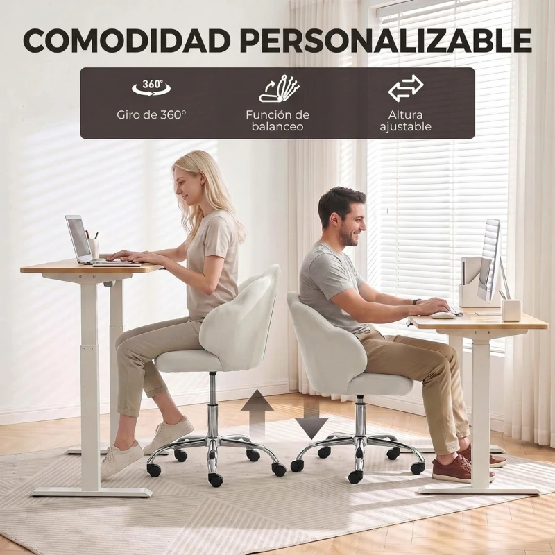 HOMCOM Silla de Oficina Forma de Pétalo con Ruedas de Terciopelo Función Basculante Asiento Ancho Altura Ajustable Crema