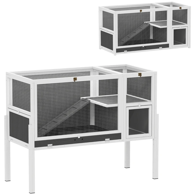 PawHut Kleintierstall für Zwerghamster, Kaninchen, Meerschweinchen, mit Zubehör, erhöhtes Design, Holz, Metall, Grau