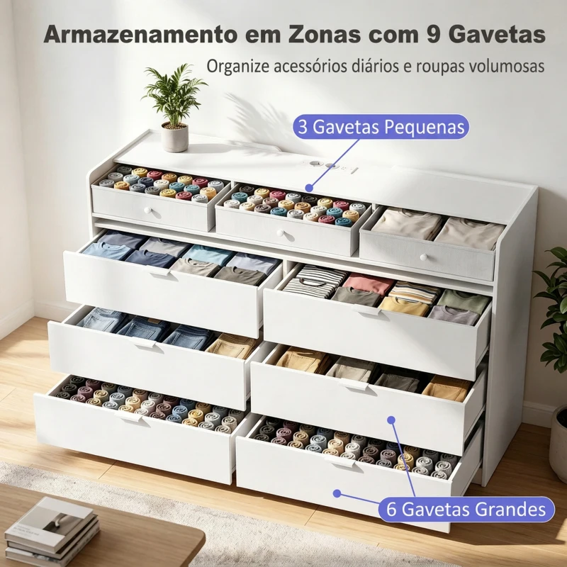 HOMCOM Cómoda com Luzes LED Estação de Carregamento e 9 Gavetas 148,7x45x82 cm Branco