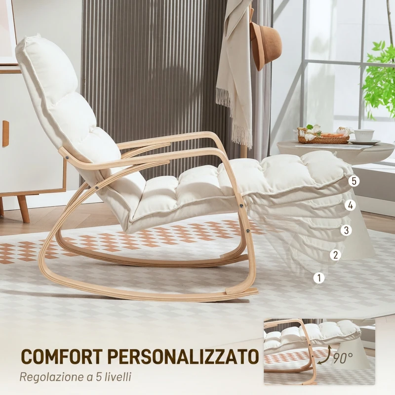 HOMCOM Sedia a Dondolo in Tessuto Effetto Lino Imbottita, Poggiapiedi Regolabile, per Camera da Letto e Soggiorno, Crema