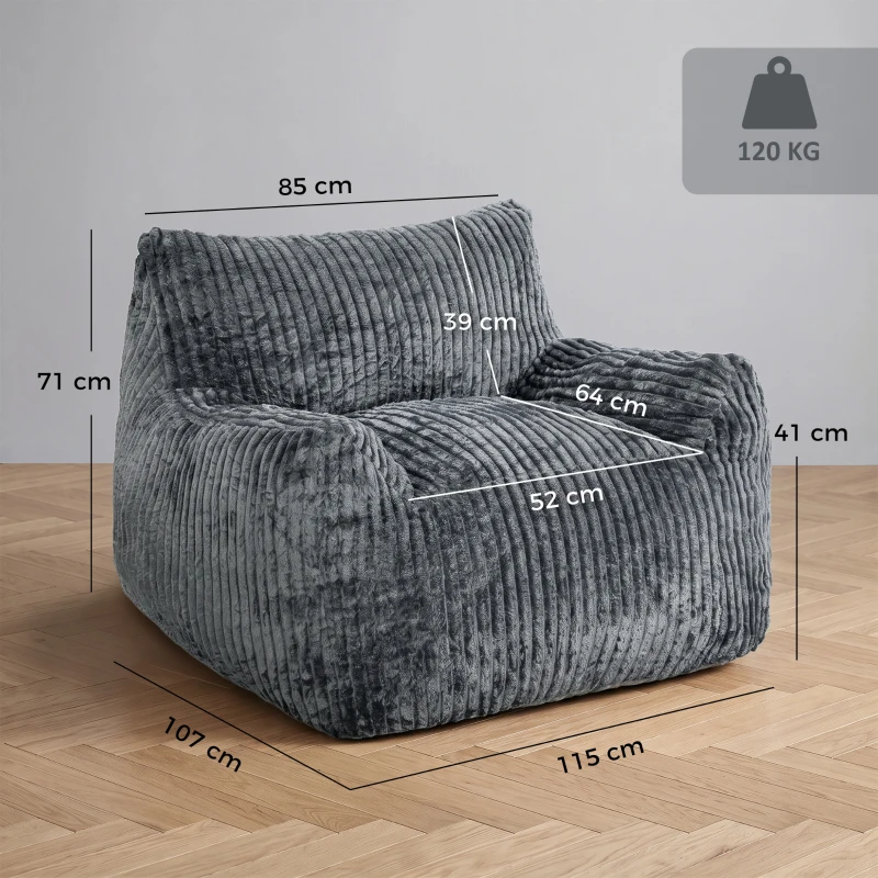 HOMCOM Vloerfauteuil voor volwassenen, grote cloud lounge zonder frame, met rugsteun en armleuningen, geen montage, grijs