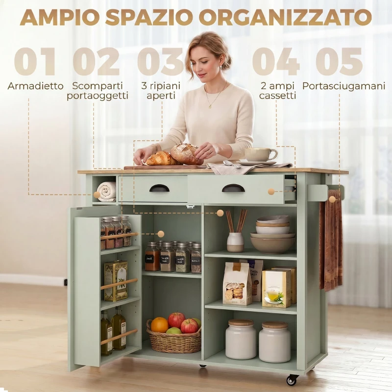 HOMCOM Isola Cucina con Piano Ribaltabile, Carrello Cucina con 5 Ruote, Portaspezie, Ripiani Regolabili, 2 Cassetti, Scomparti Aperti e Portasciugamani, Multiuso per Sala da Pranzo, Verde Chiaro