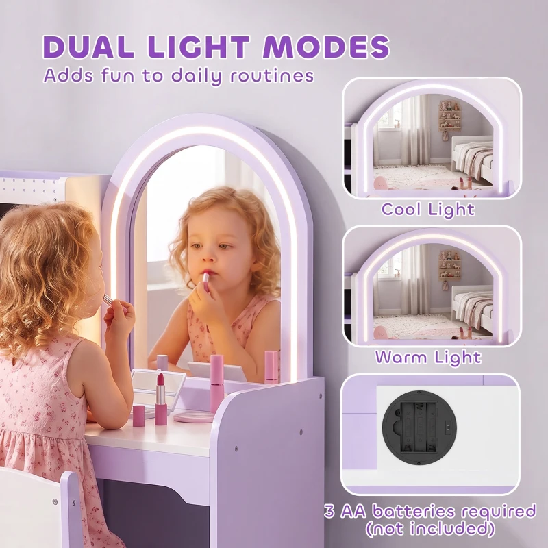 AIYAPLAY Kids Vanity Set, Kids Dressing Table with Stool, 2-Colour Lights Mirror, Pretend Dresser Gift for Ages 3-8, Purple