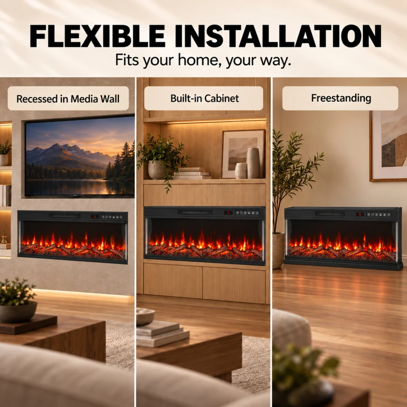 HOMCOM 50" Electric Fireplace Insert, 3-Sided Freestanding/Wall Recessed Electric Fire Heater with Adjustable Flame, 1800W