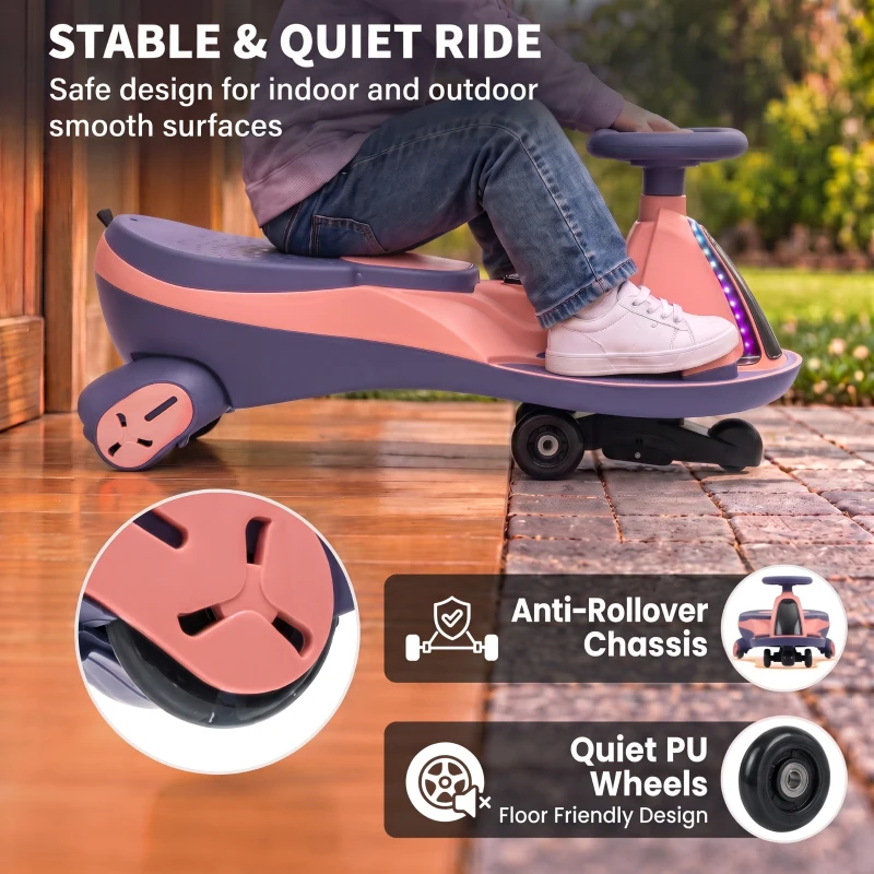 AIYAPLAY 12V Electric Wiggle Car, 2-In-1 Kids Ride On Toy with 2 Speeds, Soft Start, PU Wheels, RGB Lights, Up to 60 kg, Pink