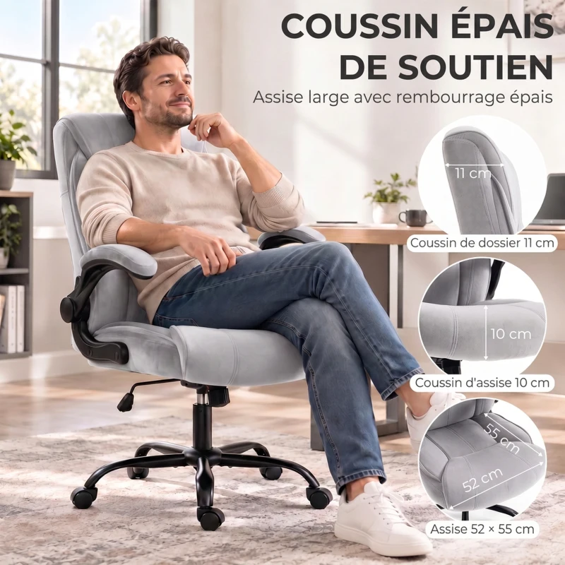 HOMCOM Chaise Bureau Ergonomique en Tissu Flanelle, Hauteur Réglable, Bascule, Accoudoirs Relevables, 66x77x122cm, Gris Clair