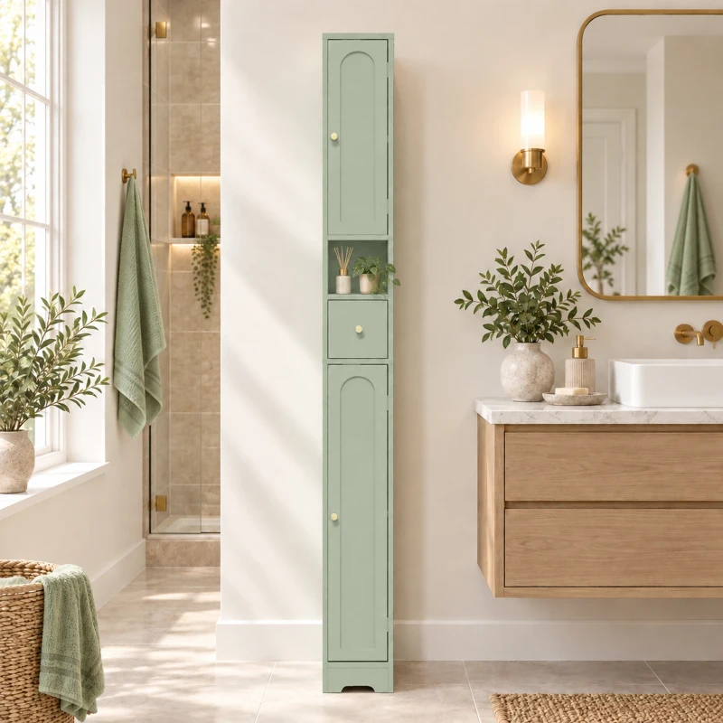 HOMCOM 185 cm Tall Bathroom Cabinet with Arched Doors - Light Green
