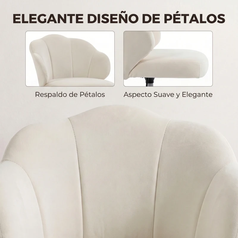 HOMCOM Silla de Oficina Forma de Pétalo con Ruedas de Terciopelo Función Basculante Asiento Ancho Altura Ajustable Crema