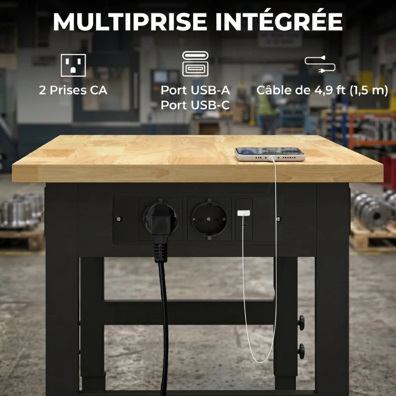 HOMCOM Établi d'Atelier Réglable, 121,9x50,8x79-99cm, Charge 900 kg, 2 Prises et 2 Ports USB, Panneau Perforé, Noir