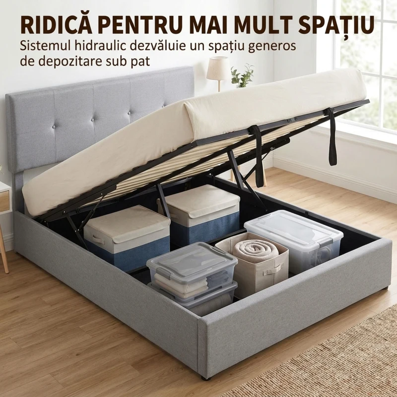 HOMCOM Pat cu ladă 140 x 190 cm, tapițat cu aspect de in, gri închis