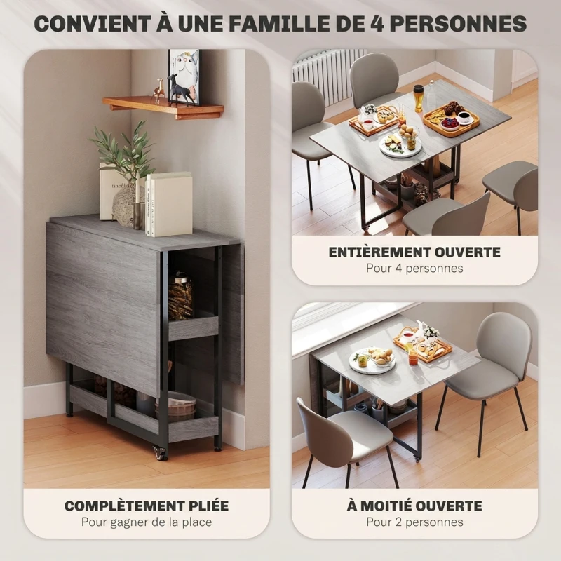 HOMCOM Table à manger pliante sur roulettes 4 personnes avec compartiments ouverts, pour petits espaces, salle à manger, gris