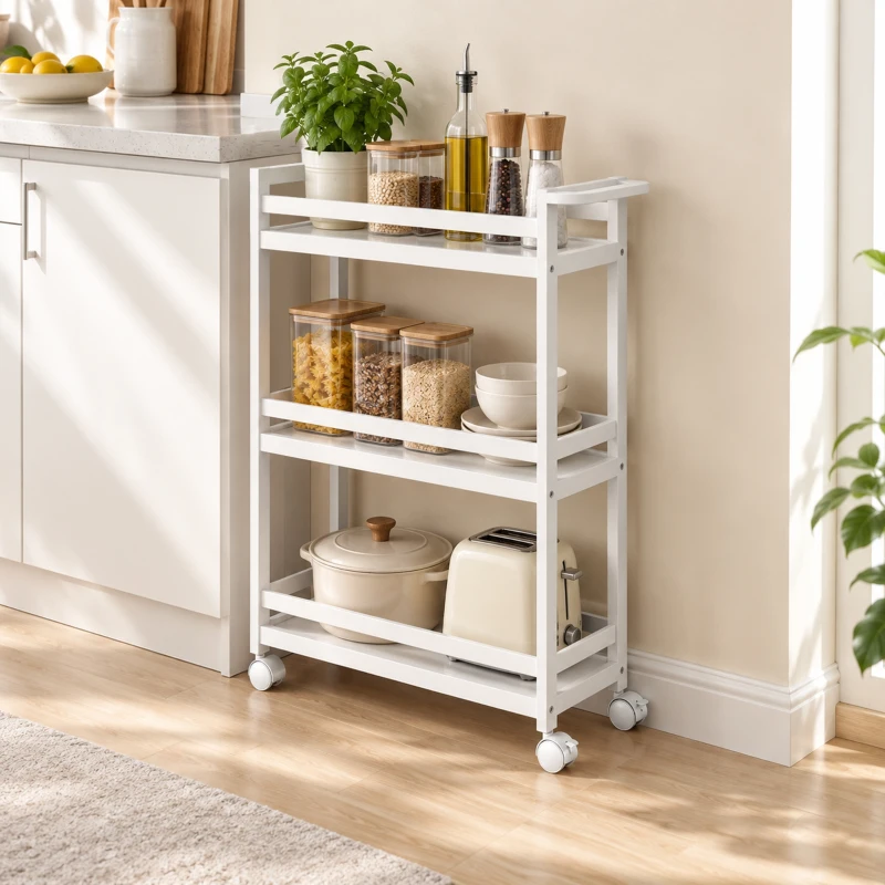 HOMCOM Carrinho Auxiliar de Casa de Banho em Bambu com 3 Níveis e Rodas 55x20x75 cm Branco
