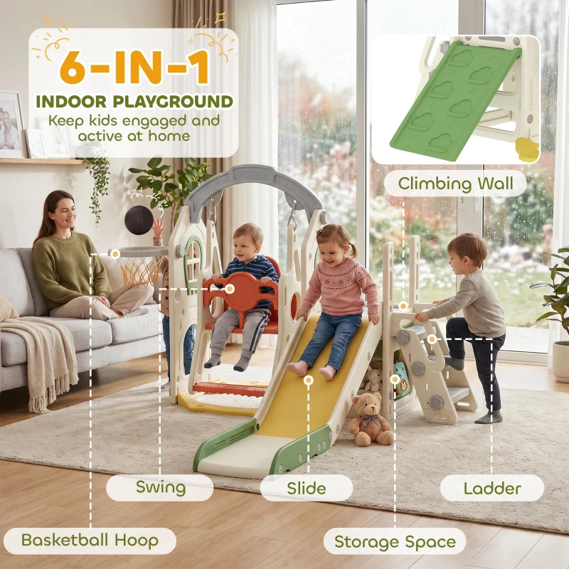 AIYAPLAY Toddler Slide and Swing Set, 6-in-1 Children Activity Centre Playground with Adjustable Swing Seat, Ladder, Cream
