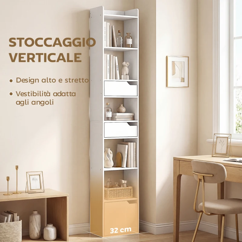 HOMCOM Libreria Verticale Alta a 6 Ripiani, Libreria Scaffale con Cassetti, Armadietto, per Soggiorno Ufficio, Bianco