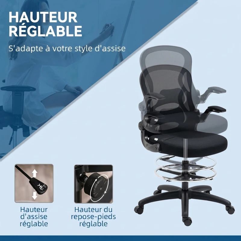 Vinsetto Chaise Bureau Ergonomique en Maille, Hauteur Réglable, Accoudoirs Relevables, Support Lombaire, 59x65x122cm, Noir