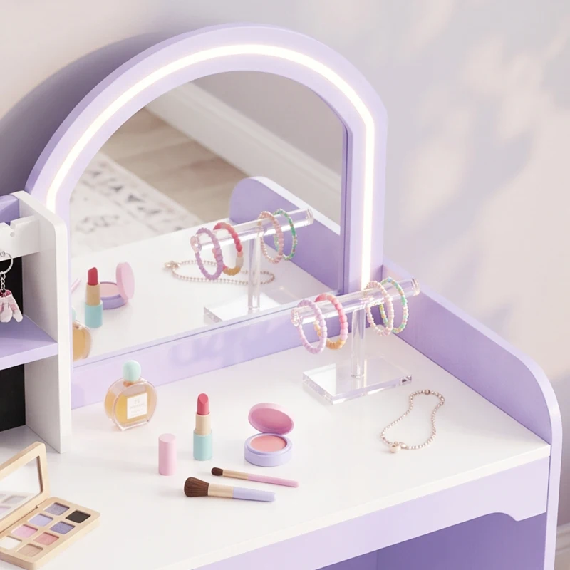 AIYAPLAY Kids Vanity Set, Kids Dressing Table with Stool, 2-Colour Lights Mirror, Pretend Dresser Gift for Ages 3-8, Purple