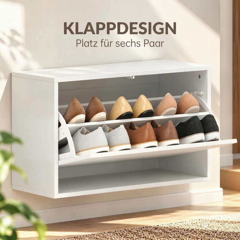 HOMCOM Szafka na buty z 2 klapkami, wiszący uchylny regał z półką, wąska półka na 6 par butów 70 x 30 x 43 cm, biały