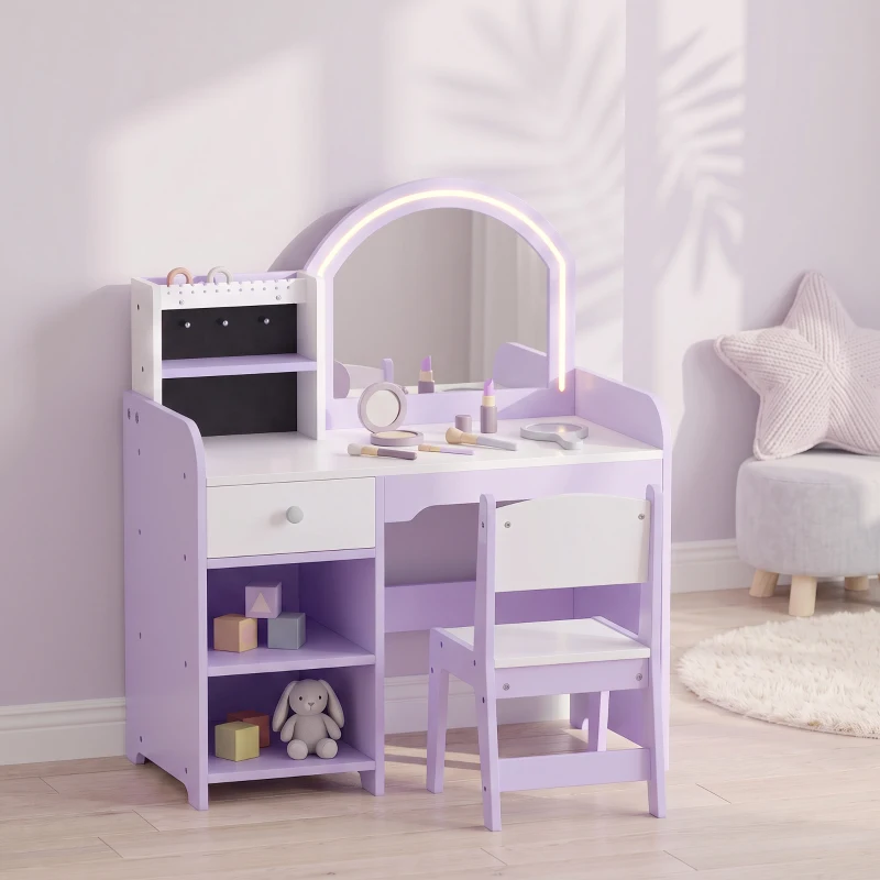 AIYAPLAY Kids Vanity Set, Kids Dressing Table with Stool, 2-Colour Lights Mirror, Pretend Dresser Gift for Ages 3-8, Purple