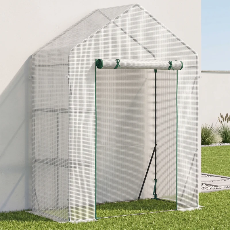 Outsunny Serre de Jardin PE avec Étagères 2 Niveaux, Bâche Renforcée 140 g/m², Porte Zippée Enroulable, 143x73x195cm, Blanc