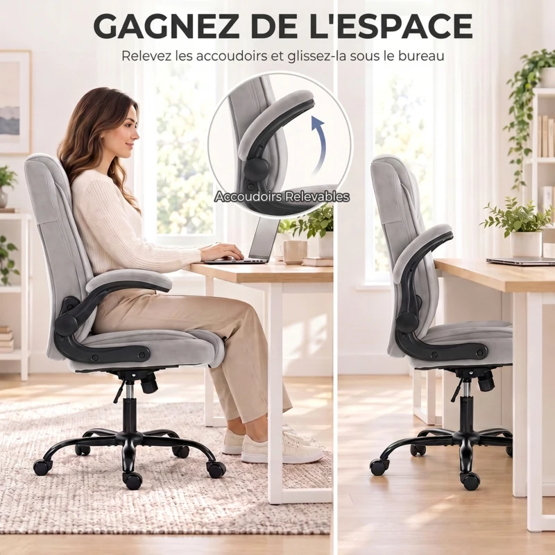 HOMCOM Chaise Bureau Ergonomique en Tissu Flanelle, Hauteur Réglable, Bascule, Accoudoirs Relevables, 66x77x122cm, Gris Clair