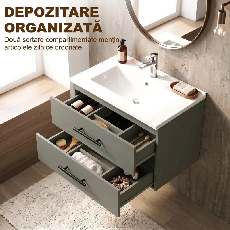 HOMCOM Dulap pentru Baie cu Lavoar din Ceramică, 2 Sertare, 61 x 40 x 48 cm, Verde